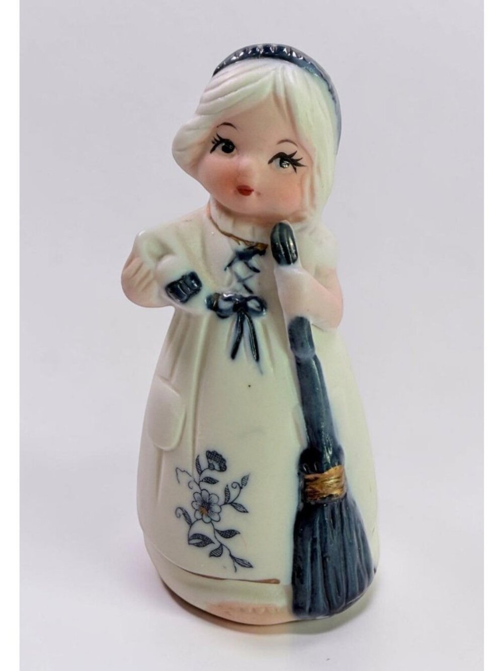 Vintage Jasco Porcelain Girl Maid Bell Figurine Hand-Painted Blue White Floral